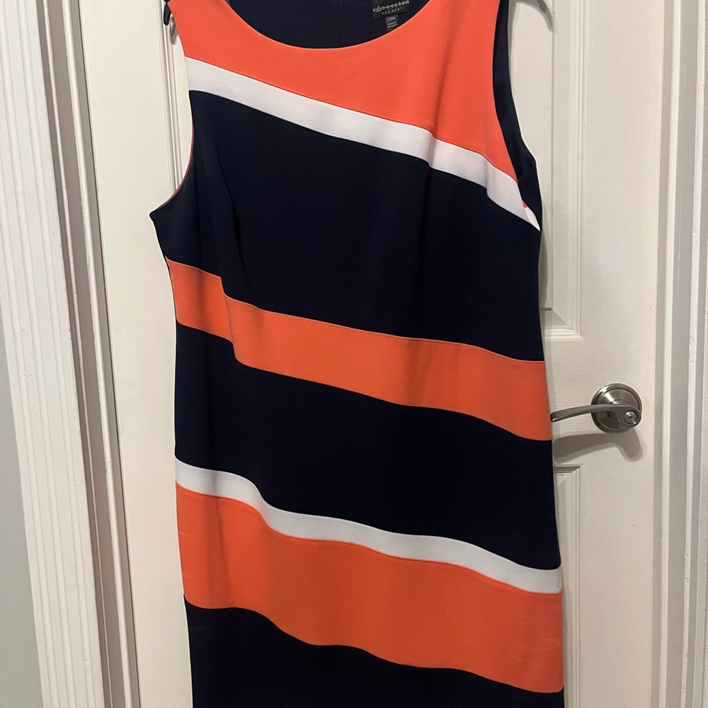 connected apparel Sleeveless Stripe Midi Dress in Navy, peach & White